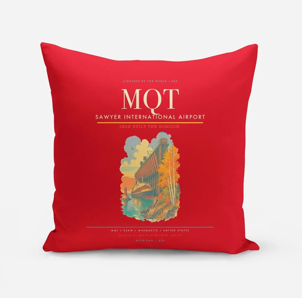Sawyer International Airport (MQT) design on red pillow