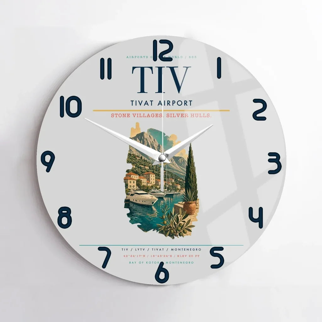 Tivat Airport (TIV) design on light gray no frame wall clock
