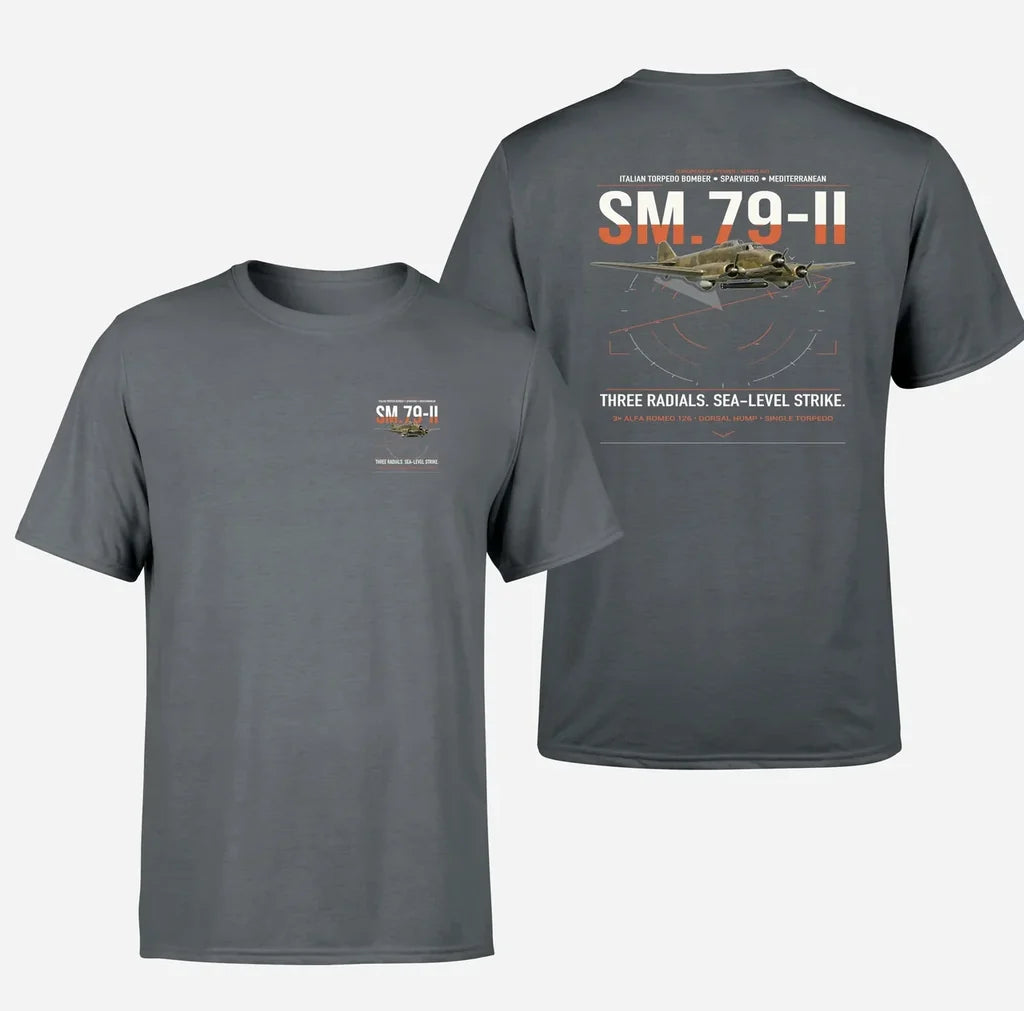 Savoia-Marchetti SM.79-II Sparviero design on gray t-shirt, double-side print