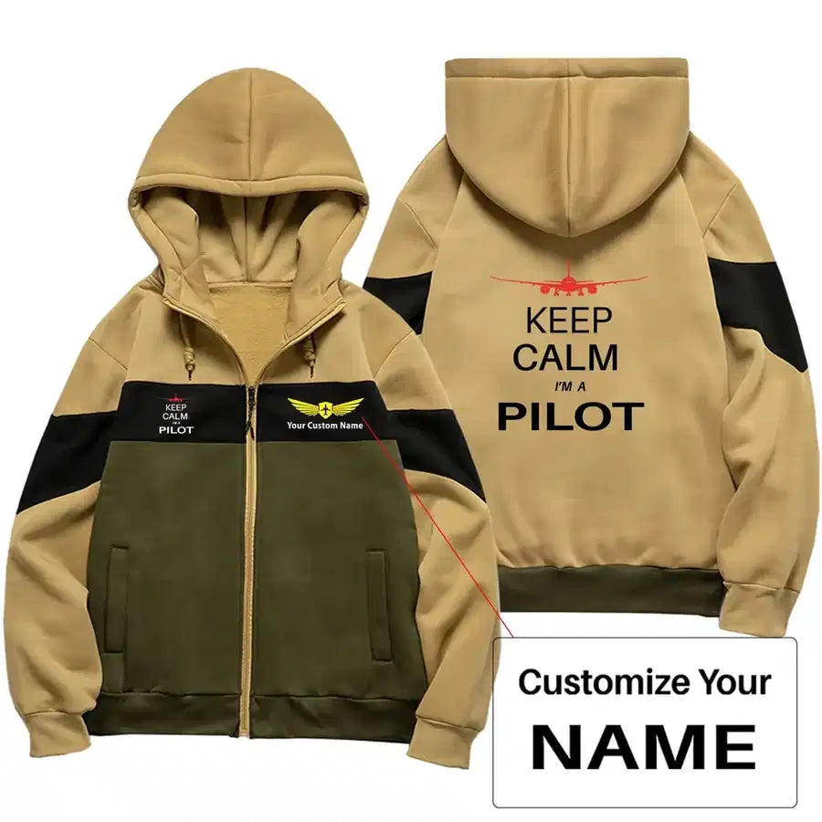 Pilot (777 Silhouette) Zipped Hoodie - Colourful - Green / Khaki + Name (Customizable)