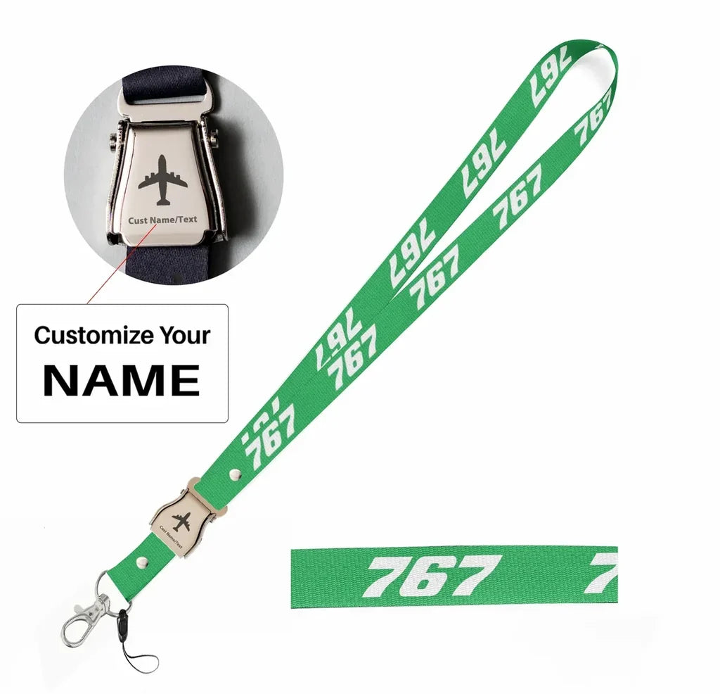 Boeing 767 Flat Text seat belt lanyard - green with name