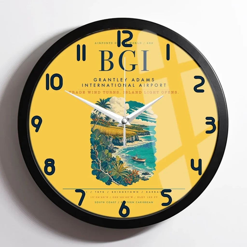 Grantley Adams International Airport (BGI) design on yellow framed wall clock
