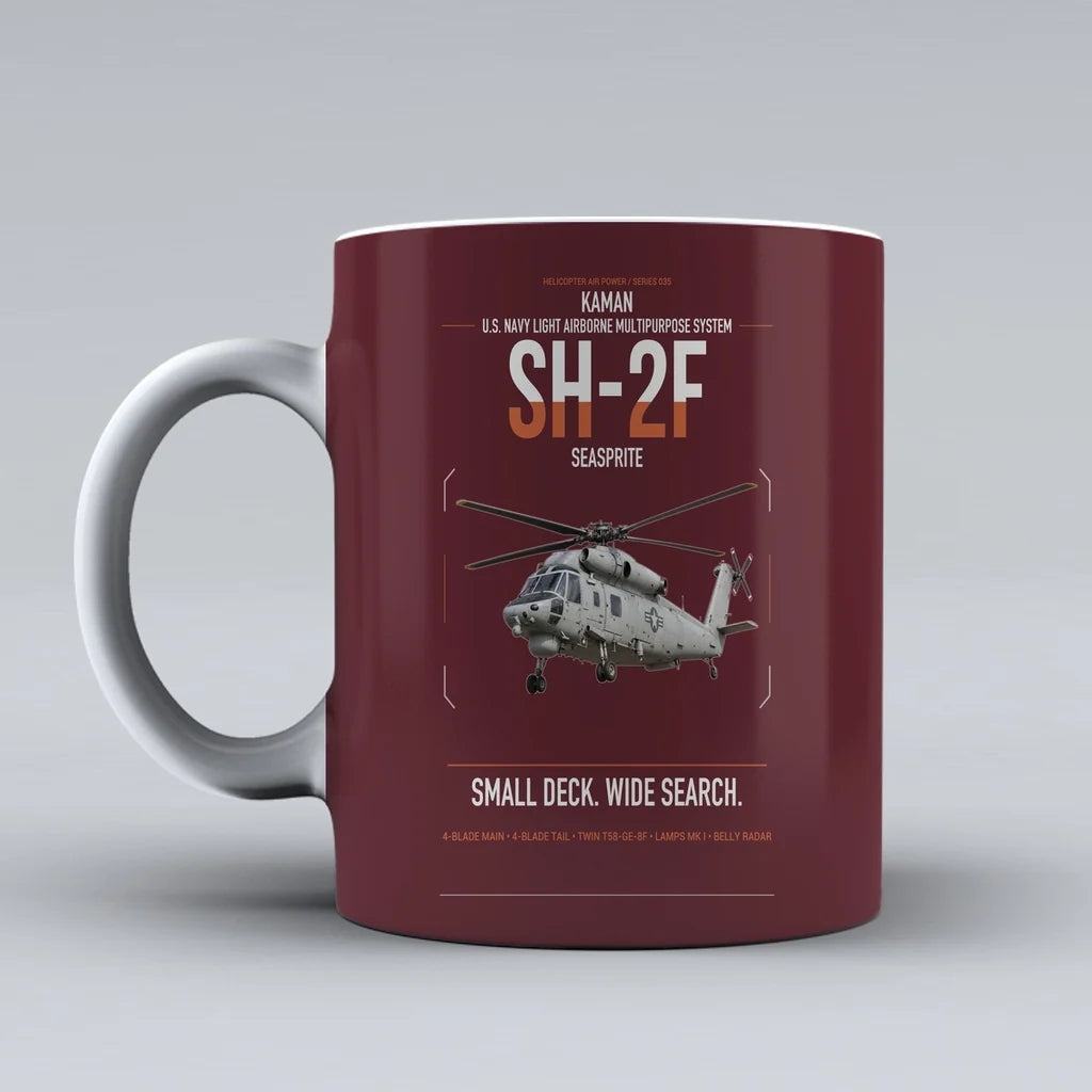 Kaman SH-2F Seasprite design on dark red ceramic mug, double-side print