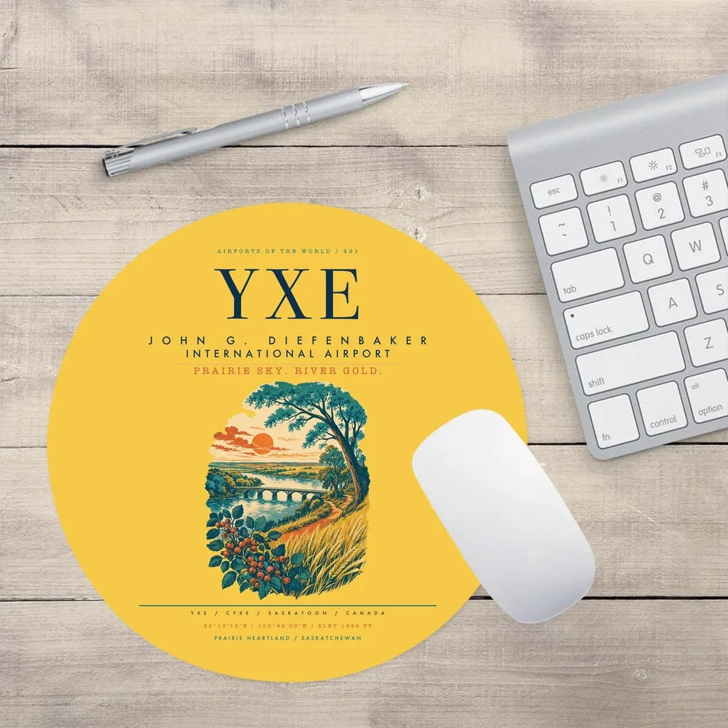Saskatoon John G. Diefenbaker International Airport (YXE) design on yellow round mouse pad