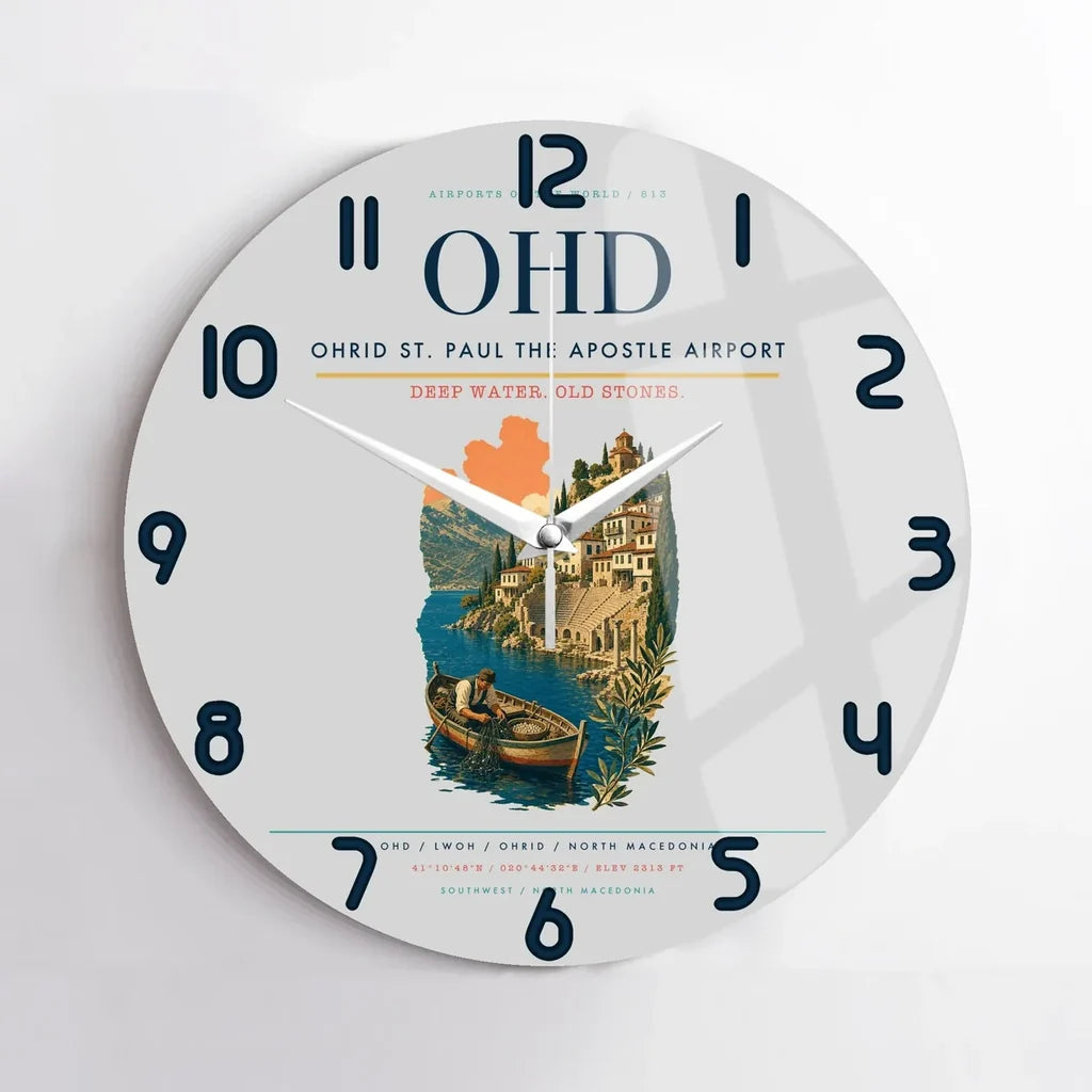Ohrid St. Paul the Apostle Airport (OHD) design on light gray no frame wall clock