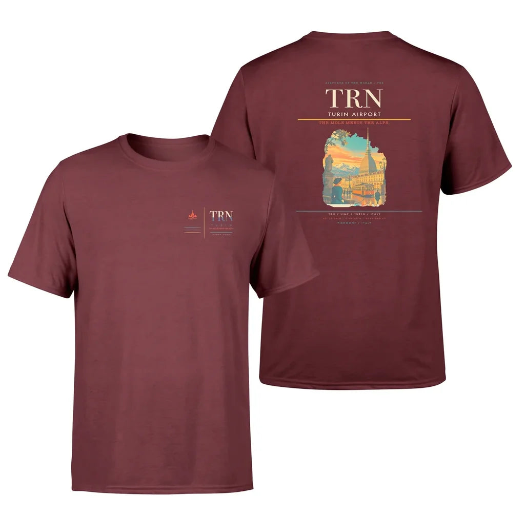 Turin Airport (TRN) design printed on dark red double-side t-shirt