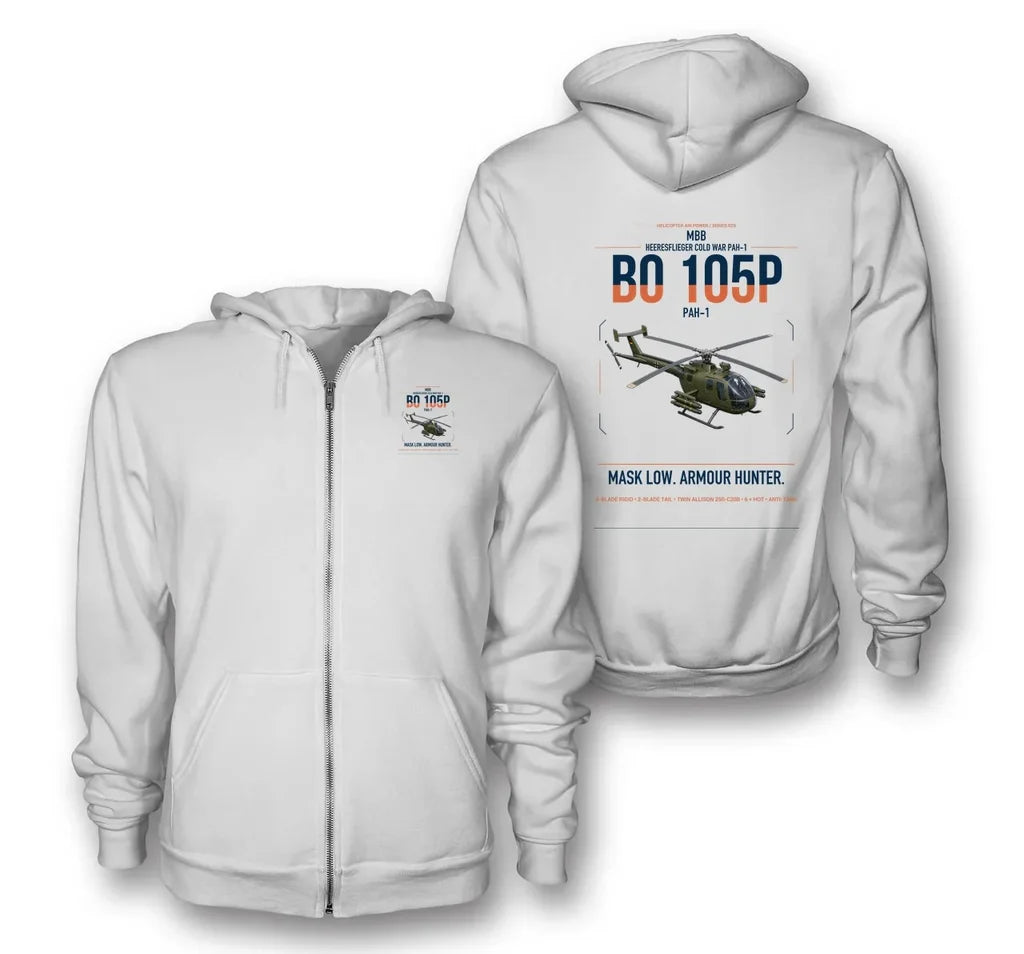 MBB BO 105P PAH-1 design on white premium zipped hoodie, double-side print