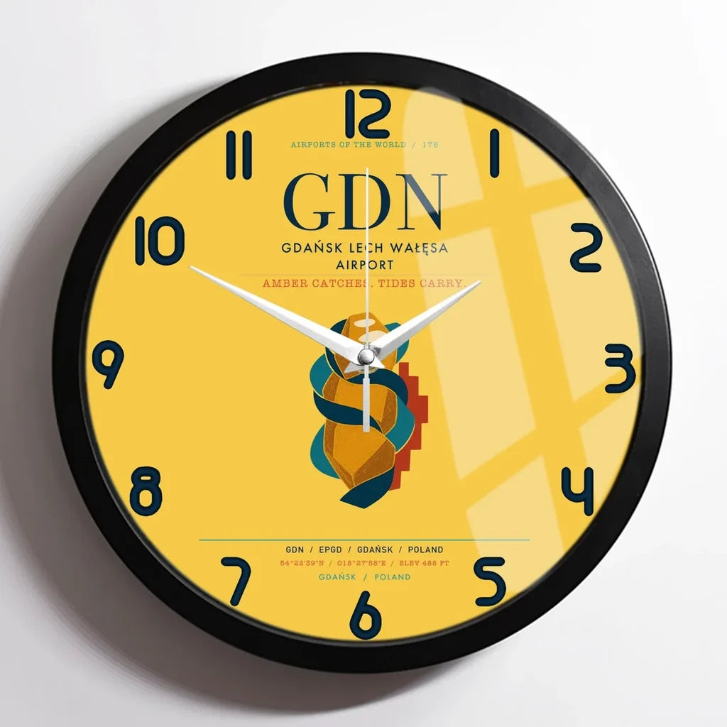 Gdańsk Lech Wałęsa Airport (GDN) design on yellow framed wall clock