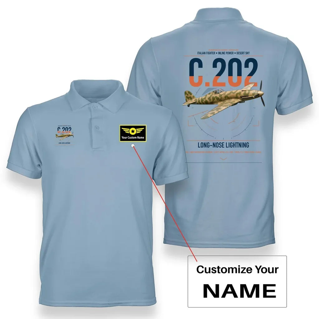 Macchi C.202 Folgore design on light blue+name double-side polo t-shirt, double-side print