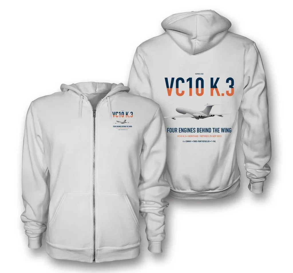 Vickers VC10 K.3 design on white premium zipped hoodie, double-side print
