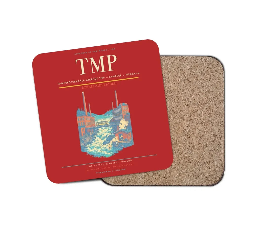 Tampere-Pirkkala Airport (TMP) design on red 1 piece coaster