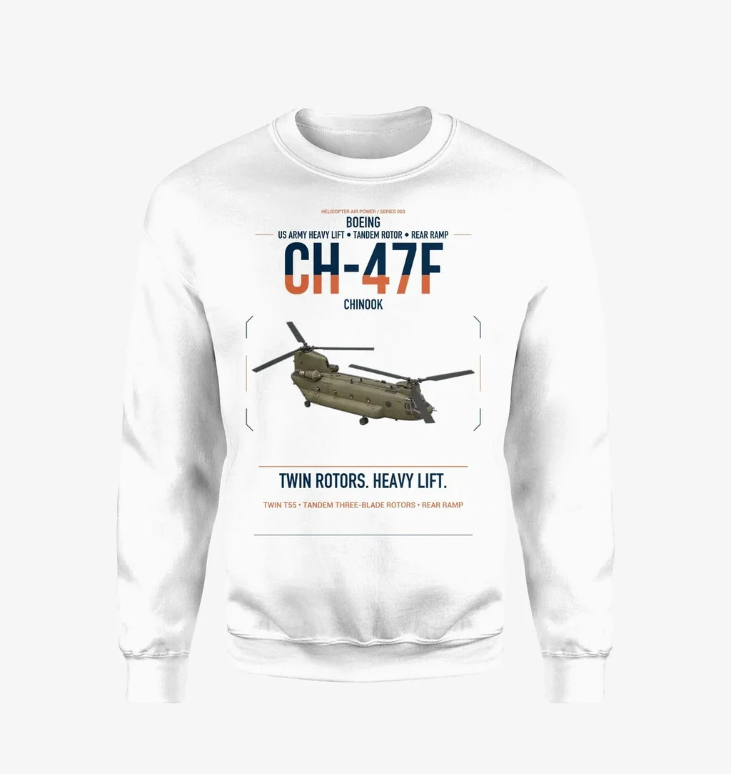 Boeing CH-47F Chinook design on white sweatshirt