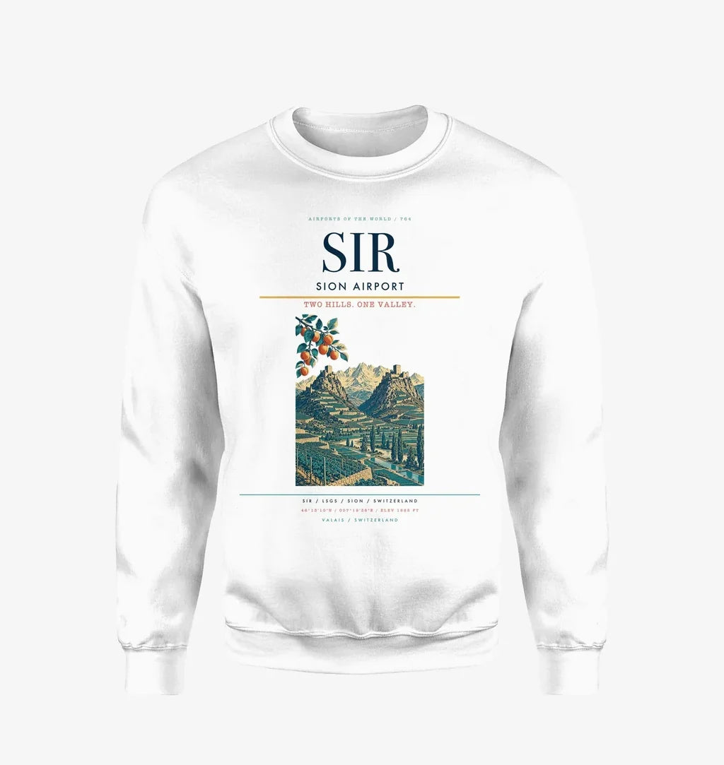 Sion Airport (SIR) design on white sweatshirt
