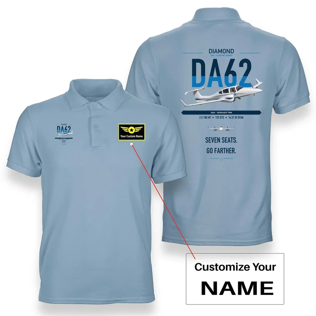 Diamond DA62 design on light blue+name double-side polo t-shirt, double-side print