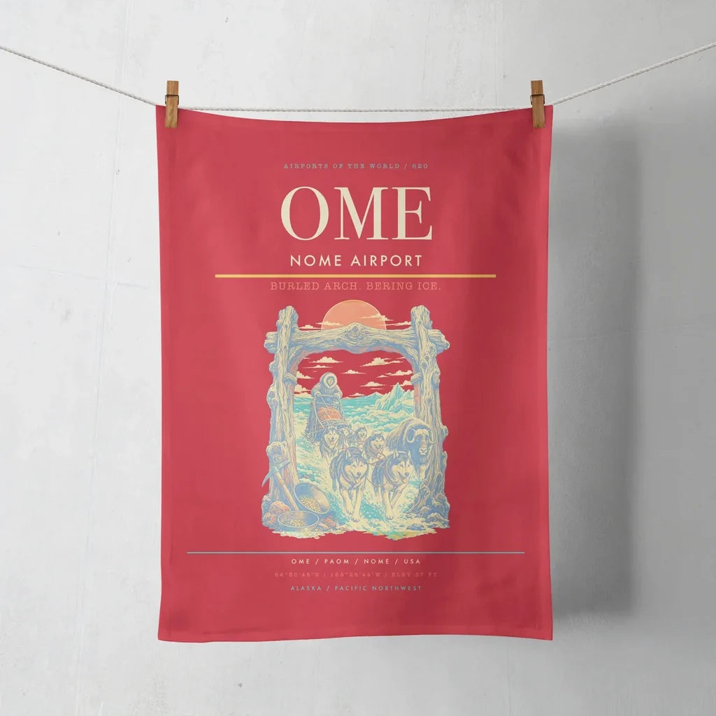 Nome Airport (OME) design on red towel