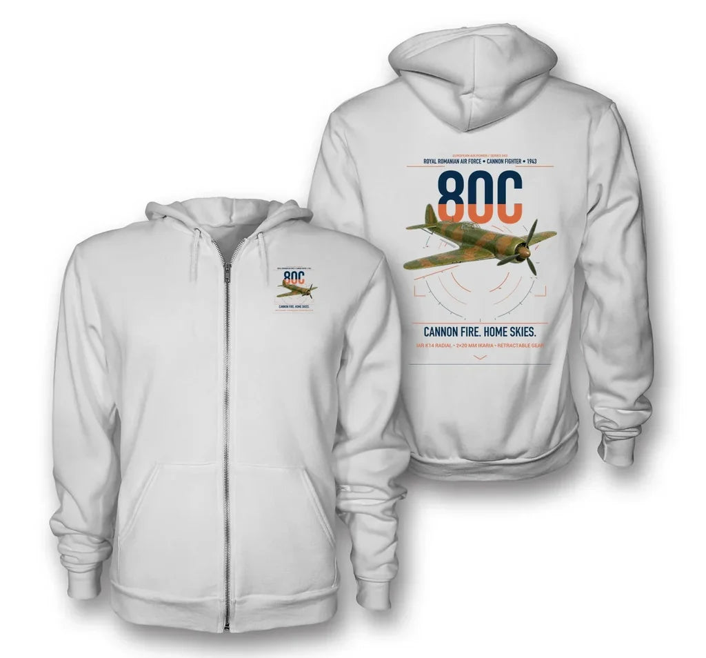 IAR 80C design on white premium zipped hoodie, double-side print
