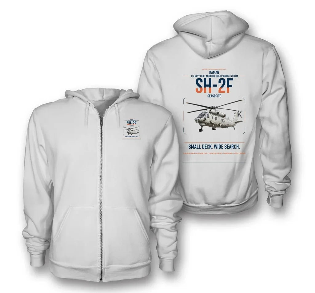 Kaman SH-2F Seasprite design on white premium zipped hoodie, double-side print