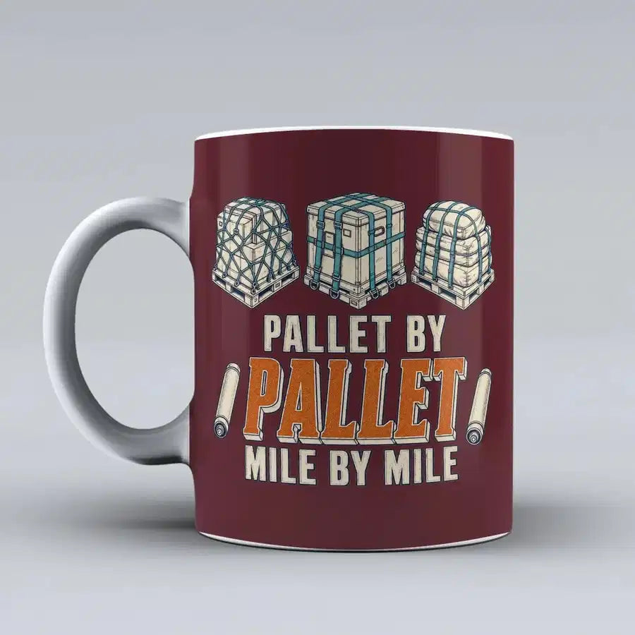 381 - Pallet By Pallet Mile By Mile - Mug design on dark red signal