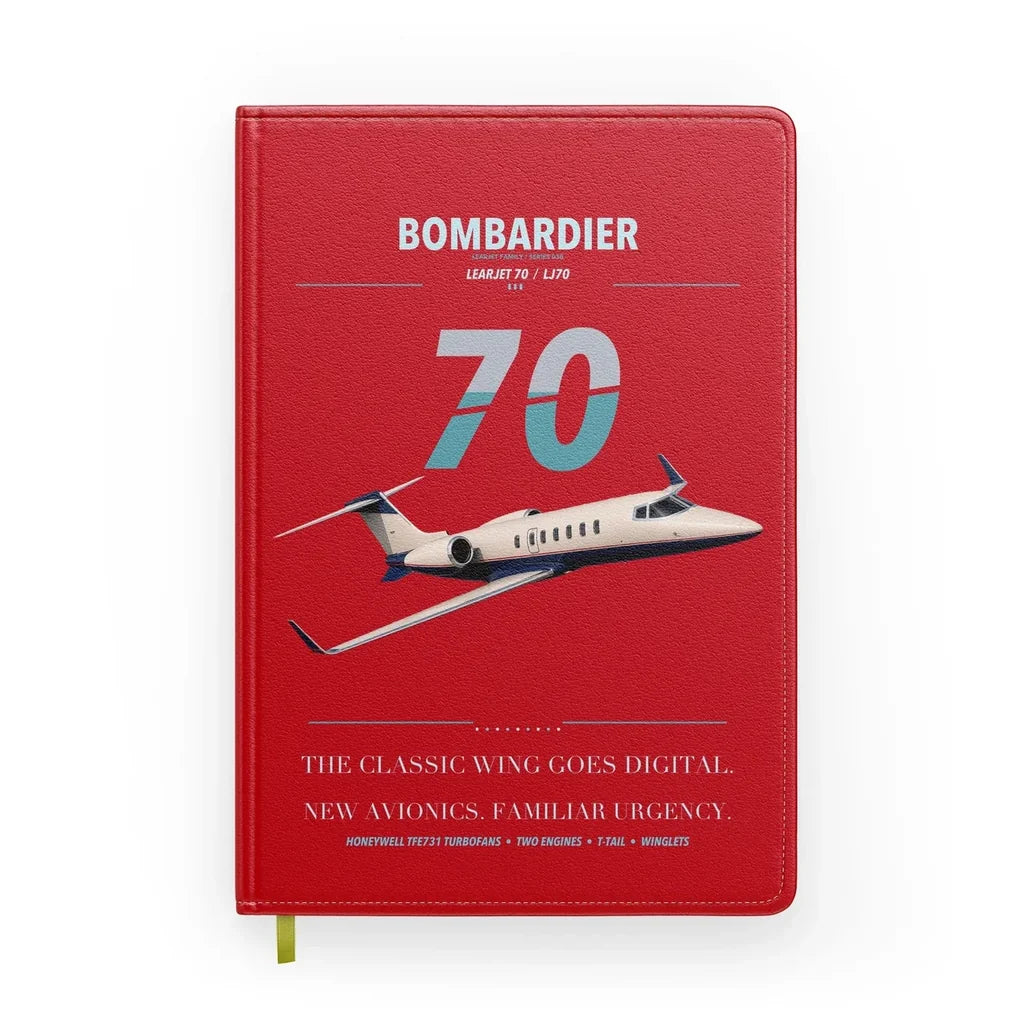 Bombardier Learjet 70 design on red notebook