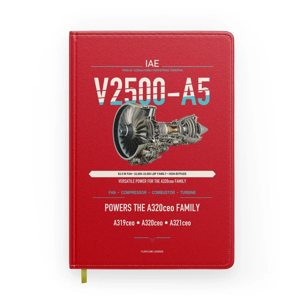 V2500-A5 design on red notebook