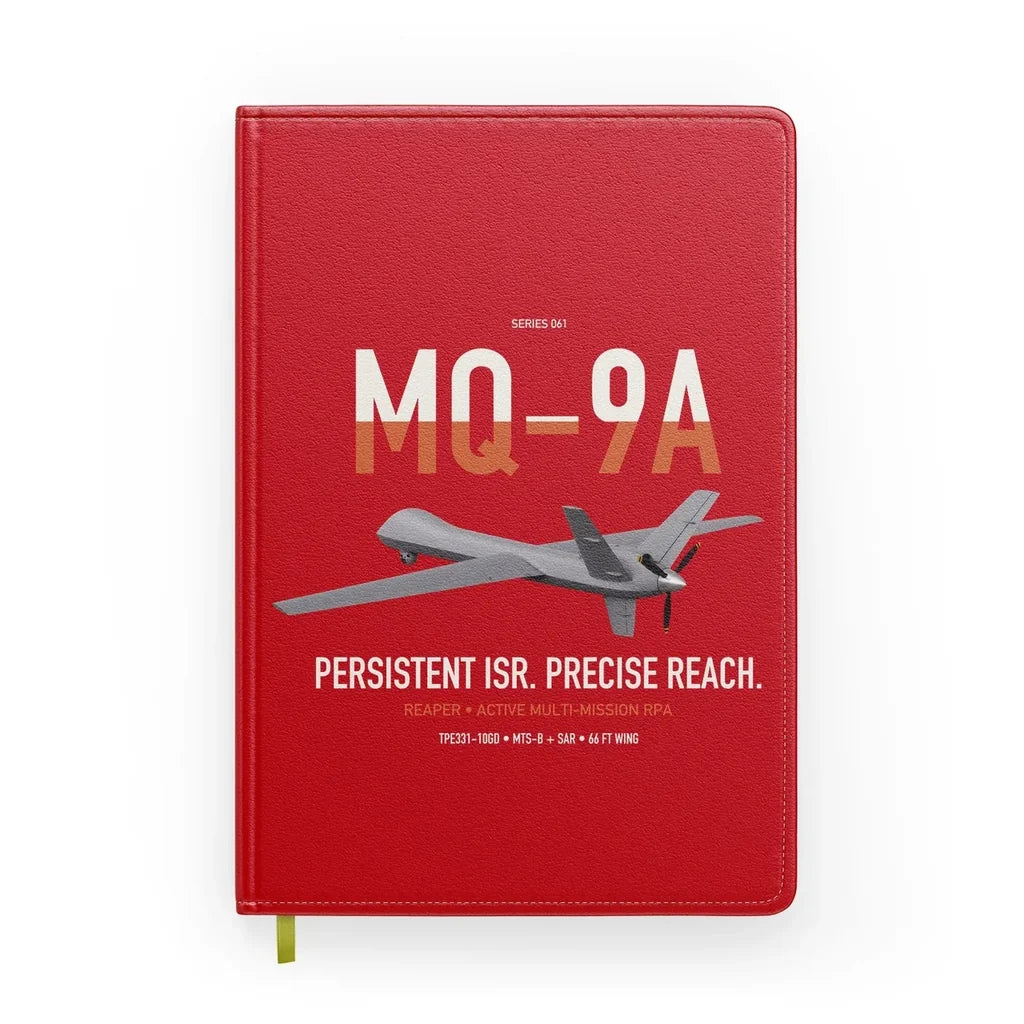 MQ-9A Reaper design on red notebook