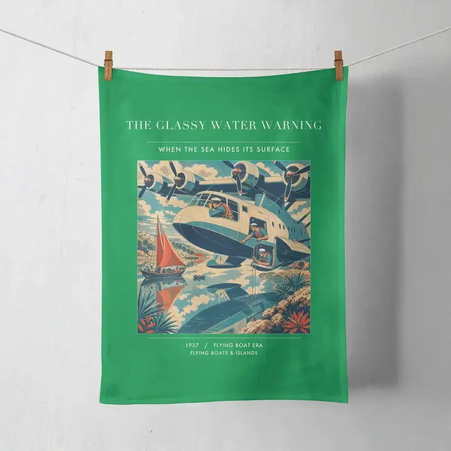 VINTAGE G4280 - The Glassy Water Warning - Designed Towels design on green