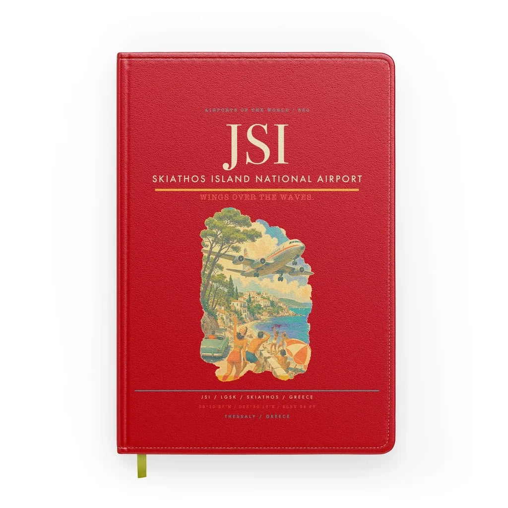 Skiathos Island National Airport (JSI) design on red notebook