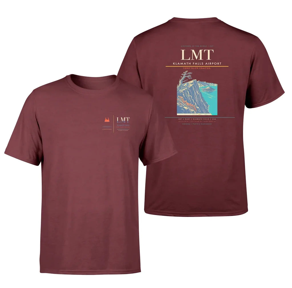 Klamath Falls Airport (LMT) design printed on dark red double-side t-shirt