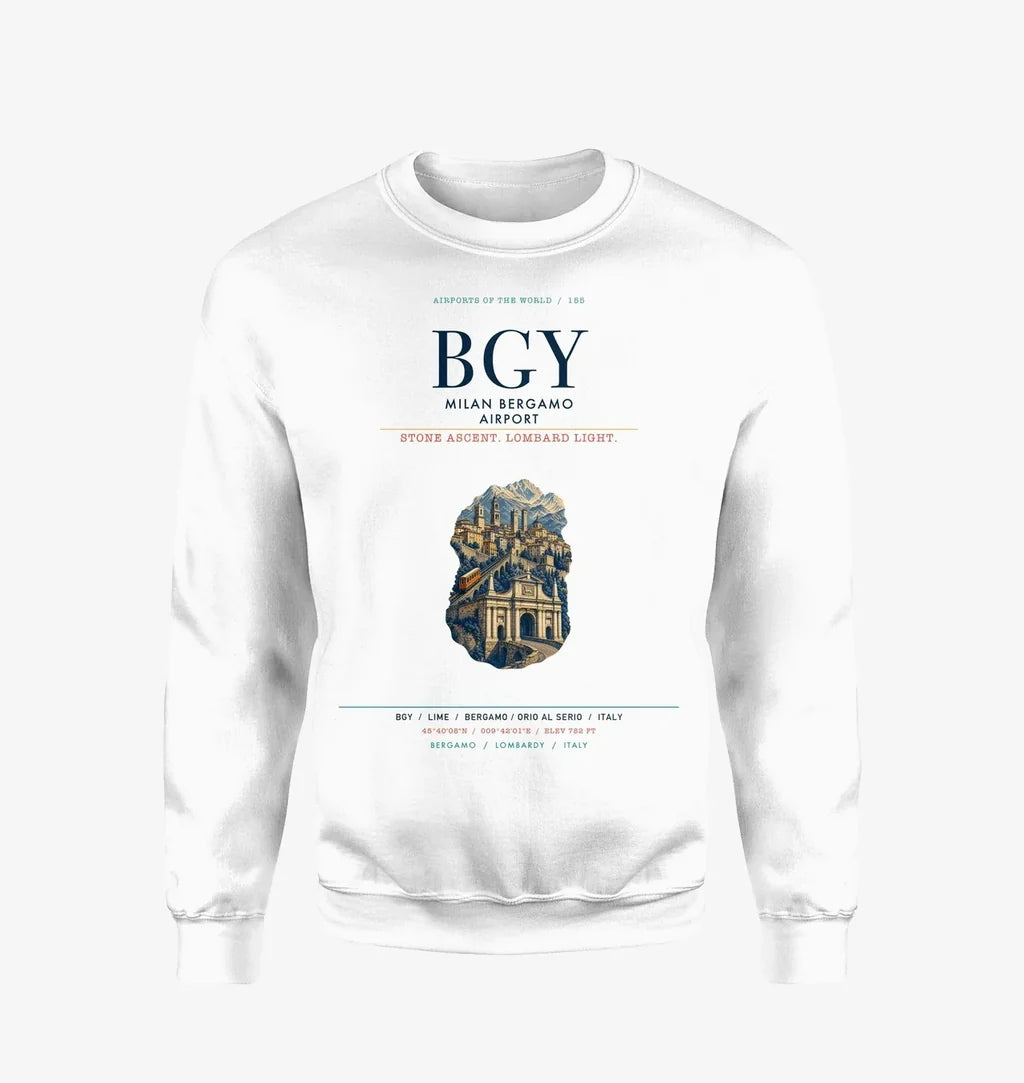 Milan Bergamo Airport (BGY) design on white sweatshirt