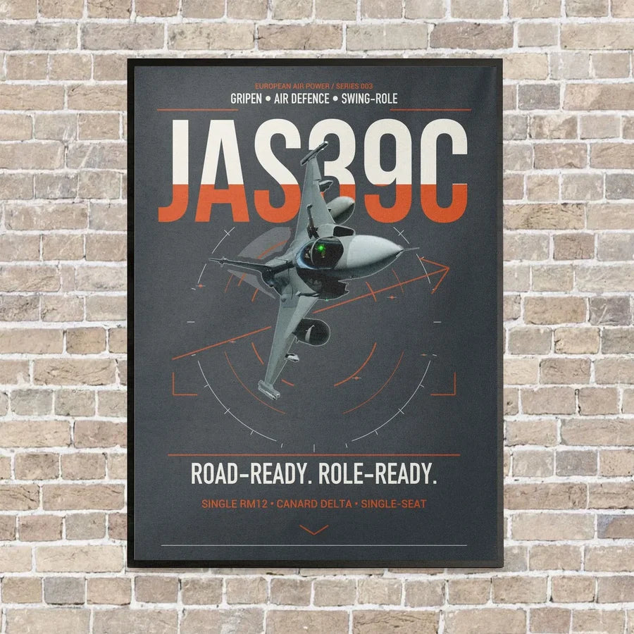 Saab JAS 39C Gripen vertical canvas print - framed - gray background