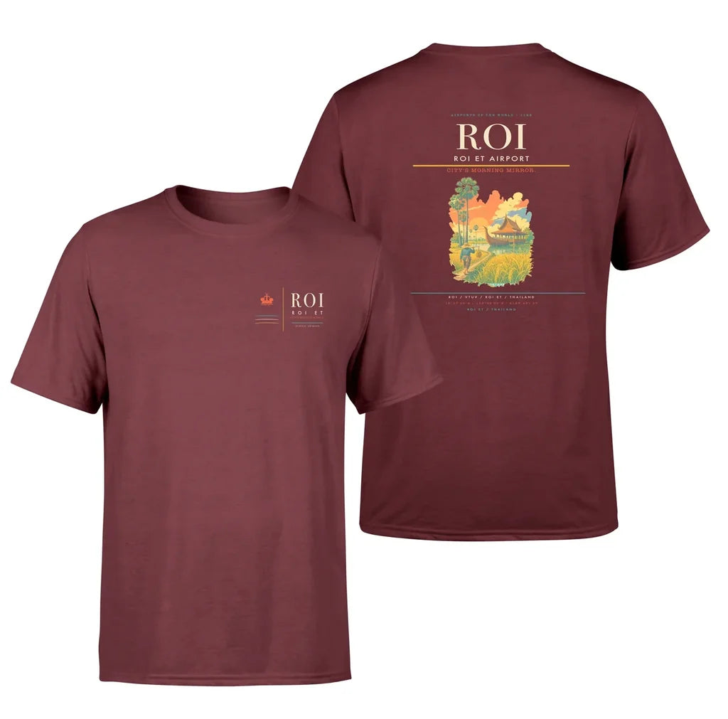 Roi Et Airport (ROI) design printed on dark red double-side t-shirt