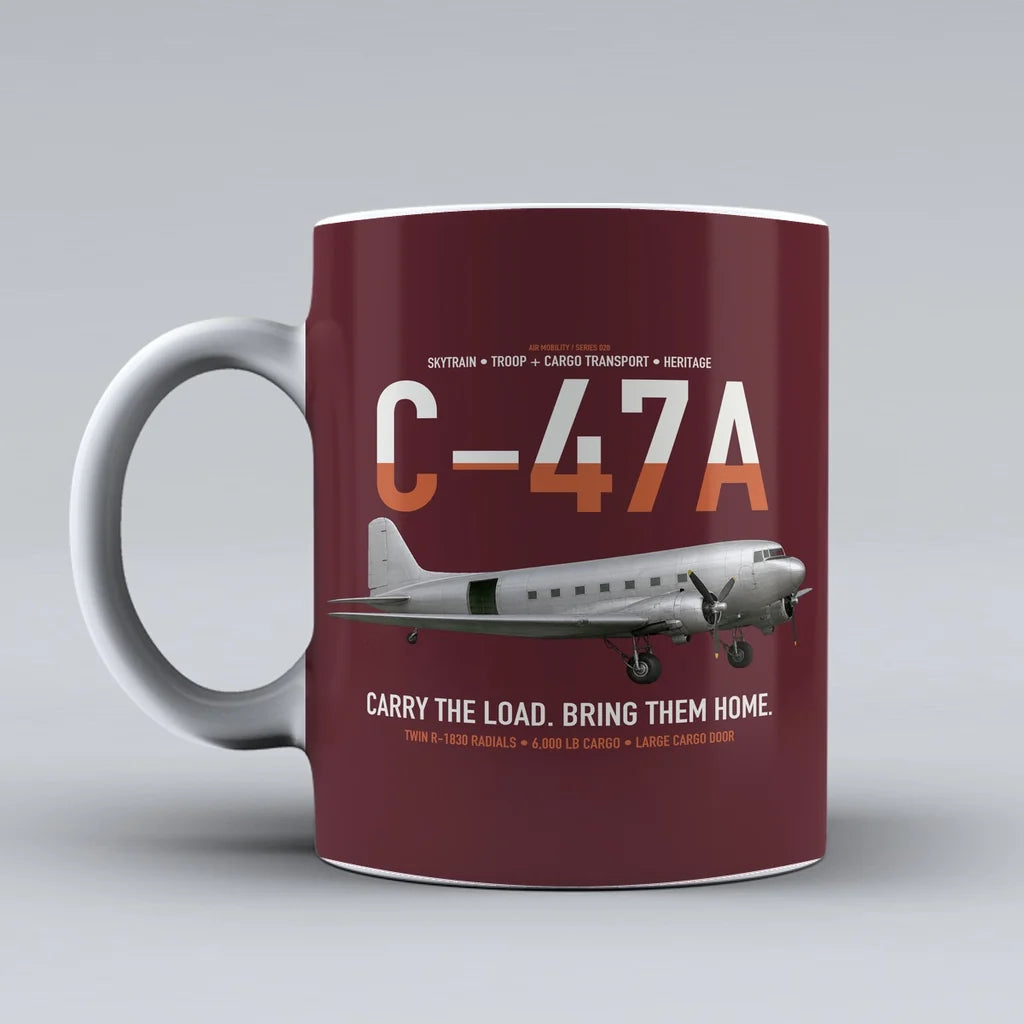 C-47A Skytrain design on dark red ceramic mug, double-side print