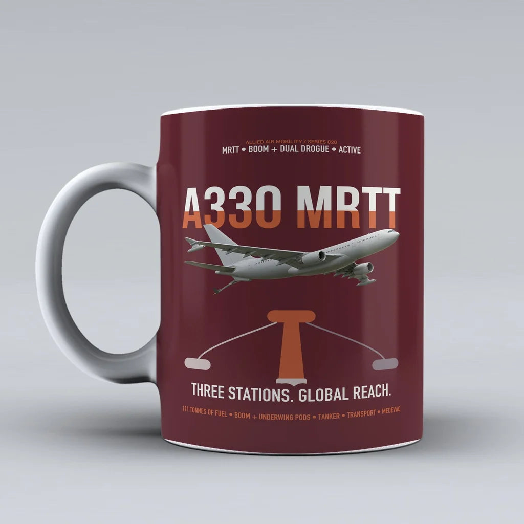 Airbus A330 MRTT design on dark red ceramic mug, double-side print