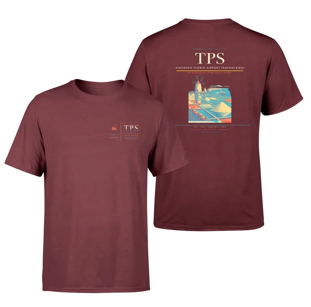 Vincenzo Florio Airport Trapani-Birgi (TPS) design printed on dark red double-side t-shirt