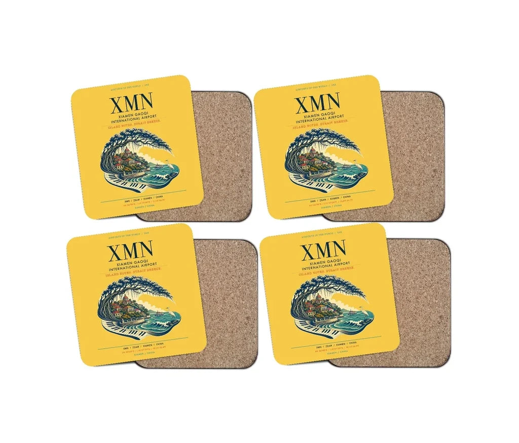 Xiamen Gaoqi International Airport (XMN) design on yellow 4 pieces set coaster