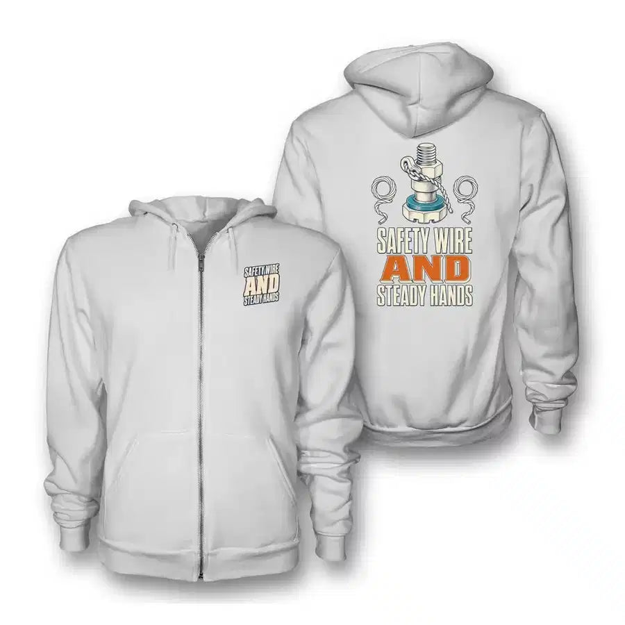 SIGNAL 239 - Safety Wire And Steady Hands - Zipped Hoodie design on white zipped hoodie