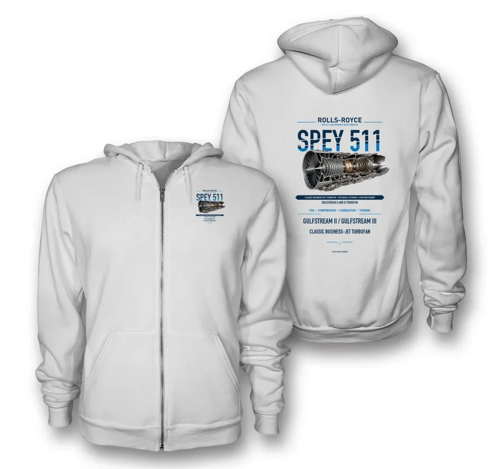 SPEY 511 design on white zipped hoodie