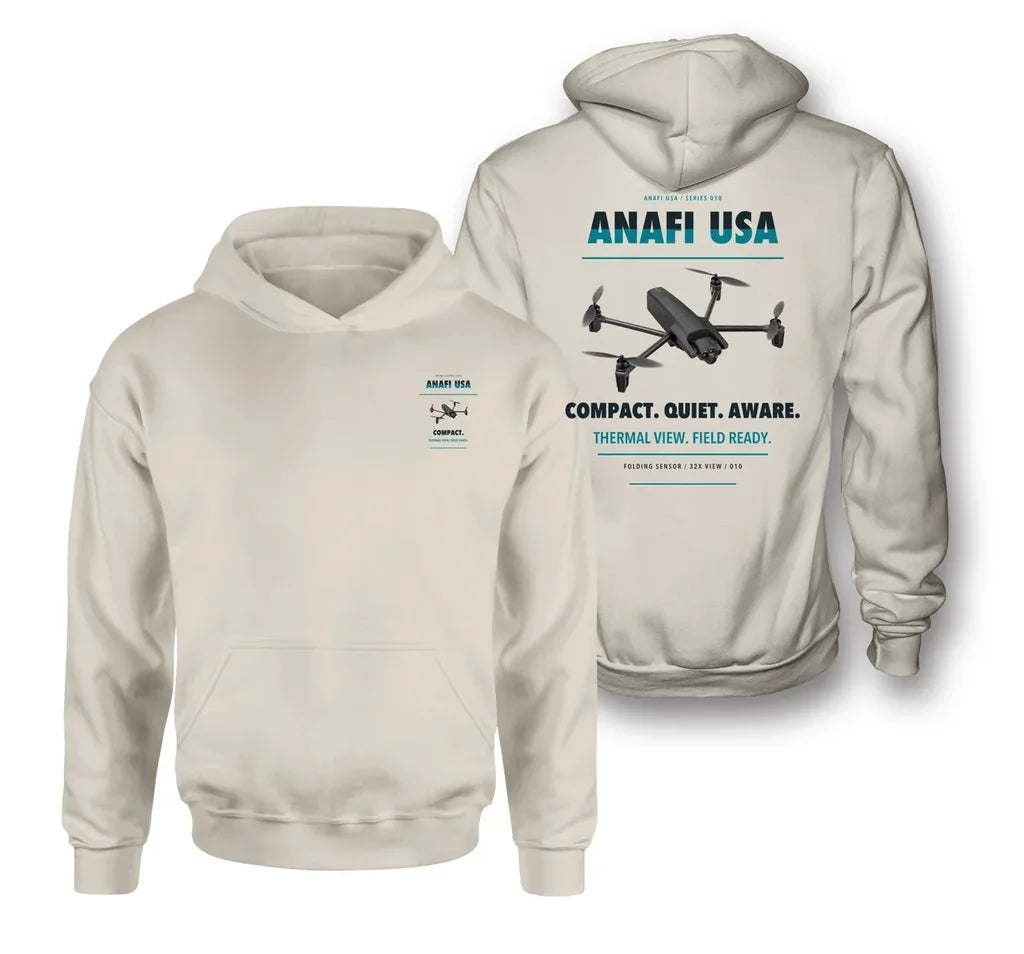 Parrot ANAFI USA design on khaki hoodie