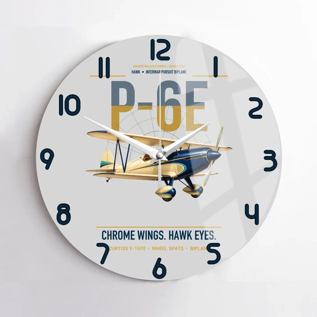 Curtiss P-6E Hawk design on light gray no frame wall clock