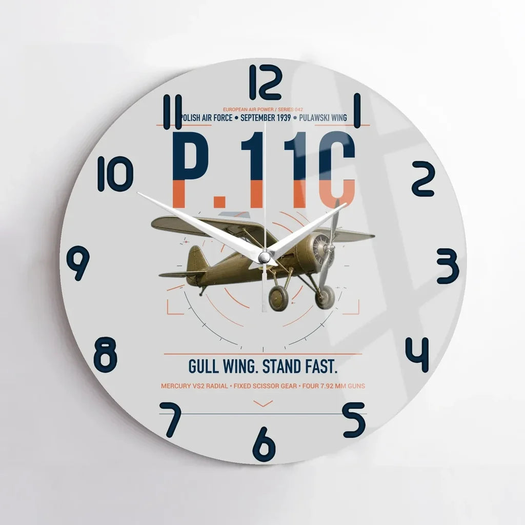 PZL P.11c design on light gray no frame wall clock