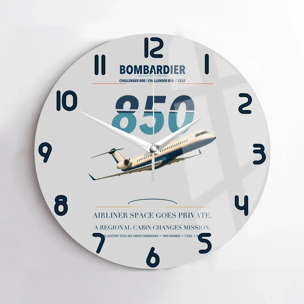Bombardier Challenger 850 design on light gray no frame wall clock