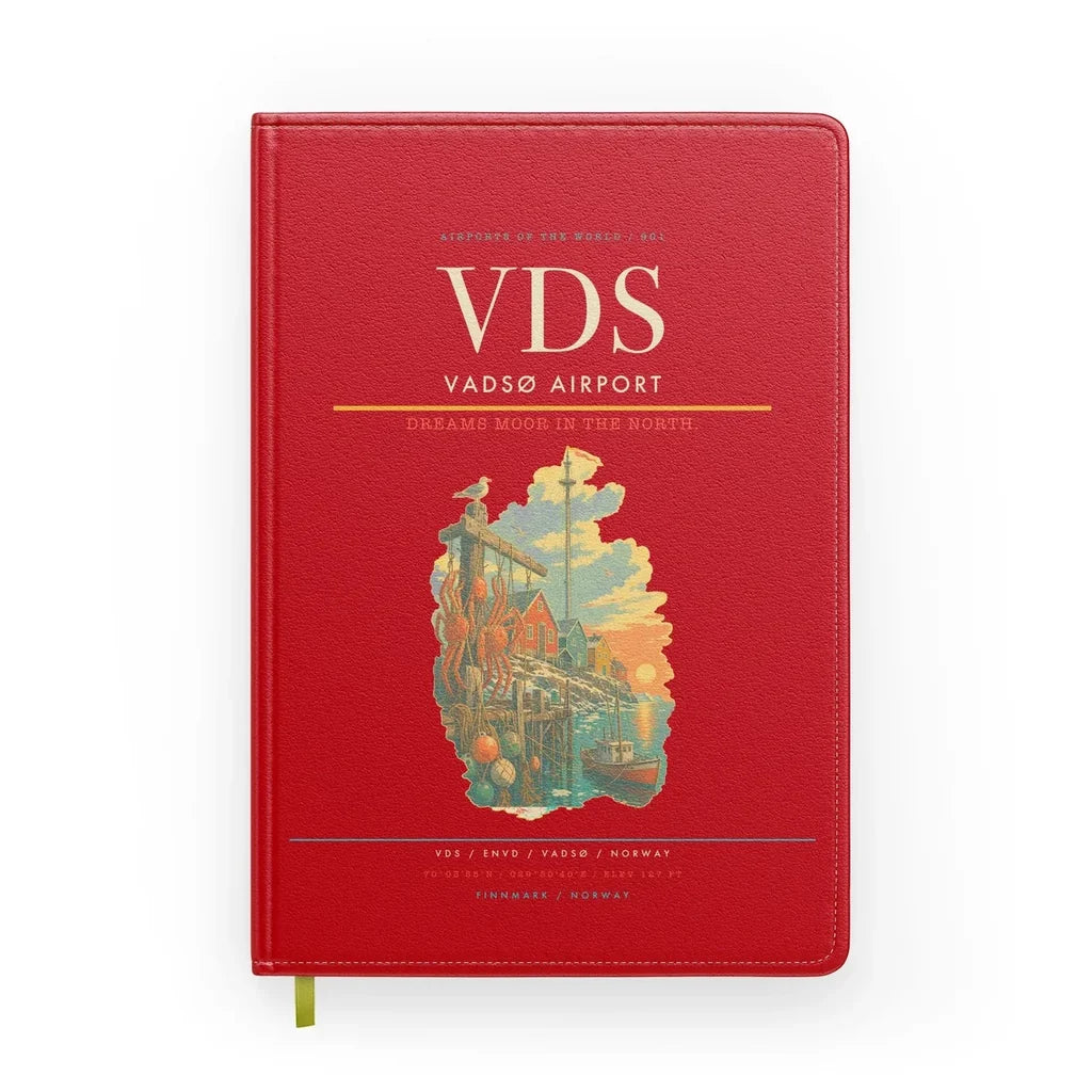 Vadsø Airport (VDS) design on red notebook
