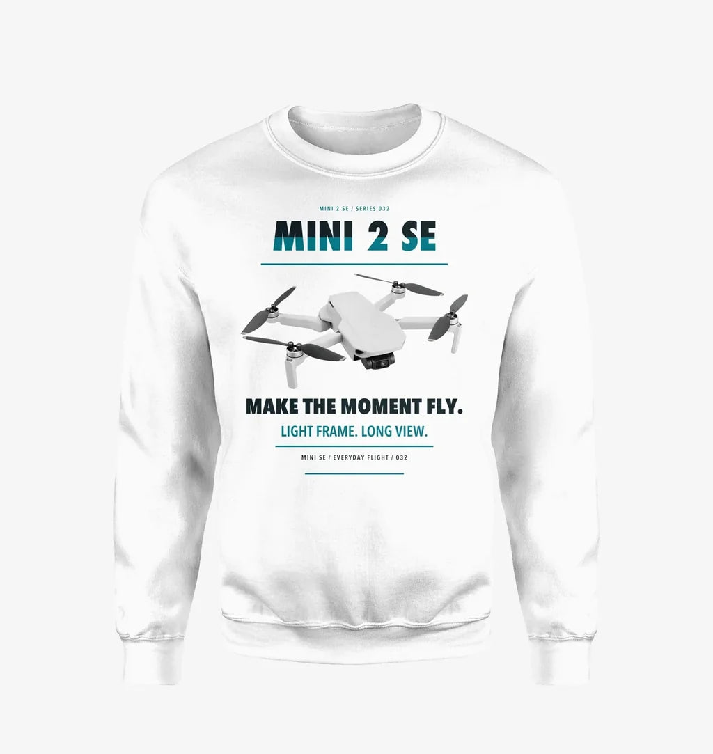 DJI Mini 2 SE design on white sweatshirt