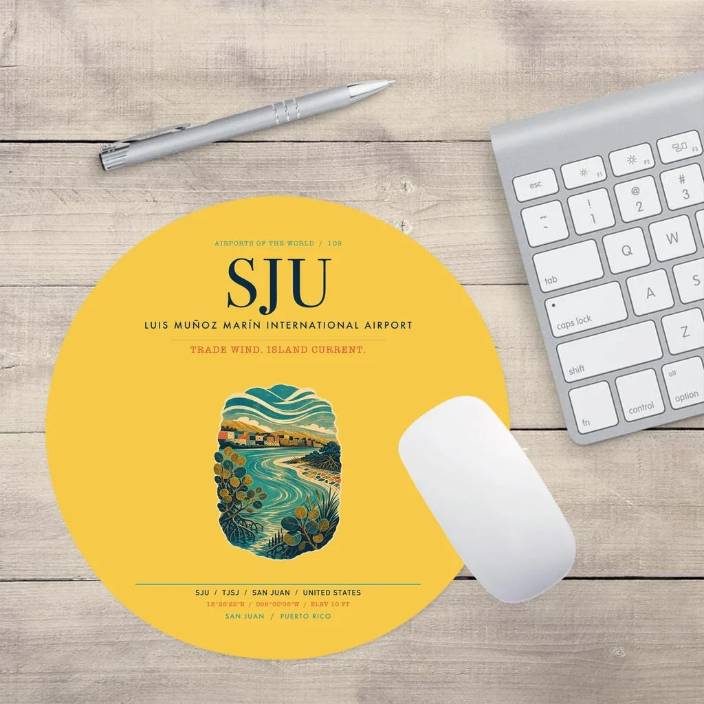 Luis Muñoz Marín International Airport San Juan (SJU) design on yellow round mouse pad