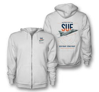 Thumbnail for Dassault Super Étendard design on white premium zipped hoodie, double-side print