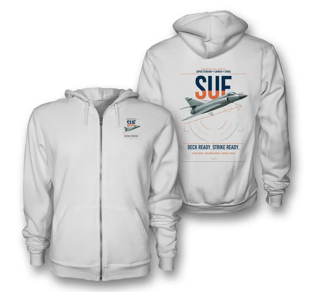 Dassault Super Étendard design on white premium zipped hoodie, double-side print