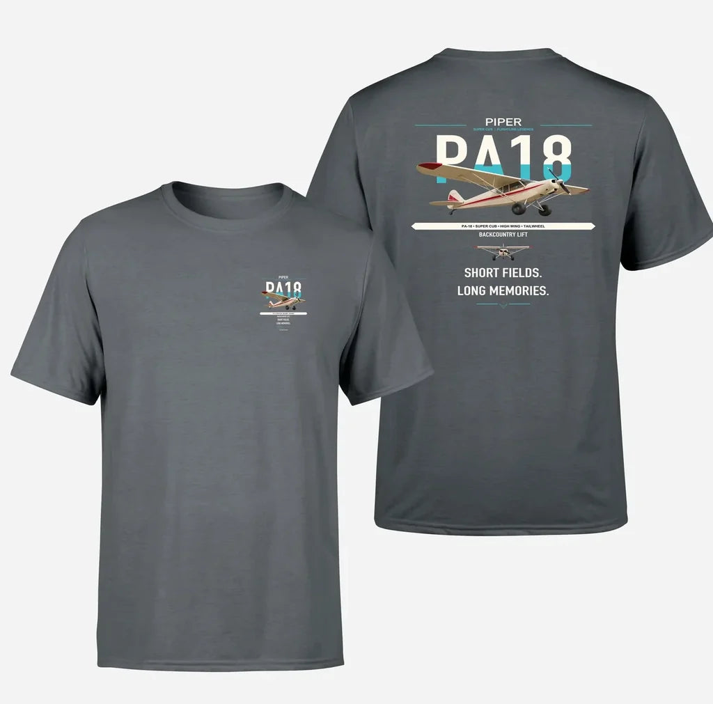 Piper PA-18 Super Cub design on gray t-shirt, double-side print