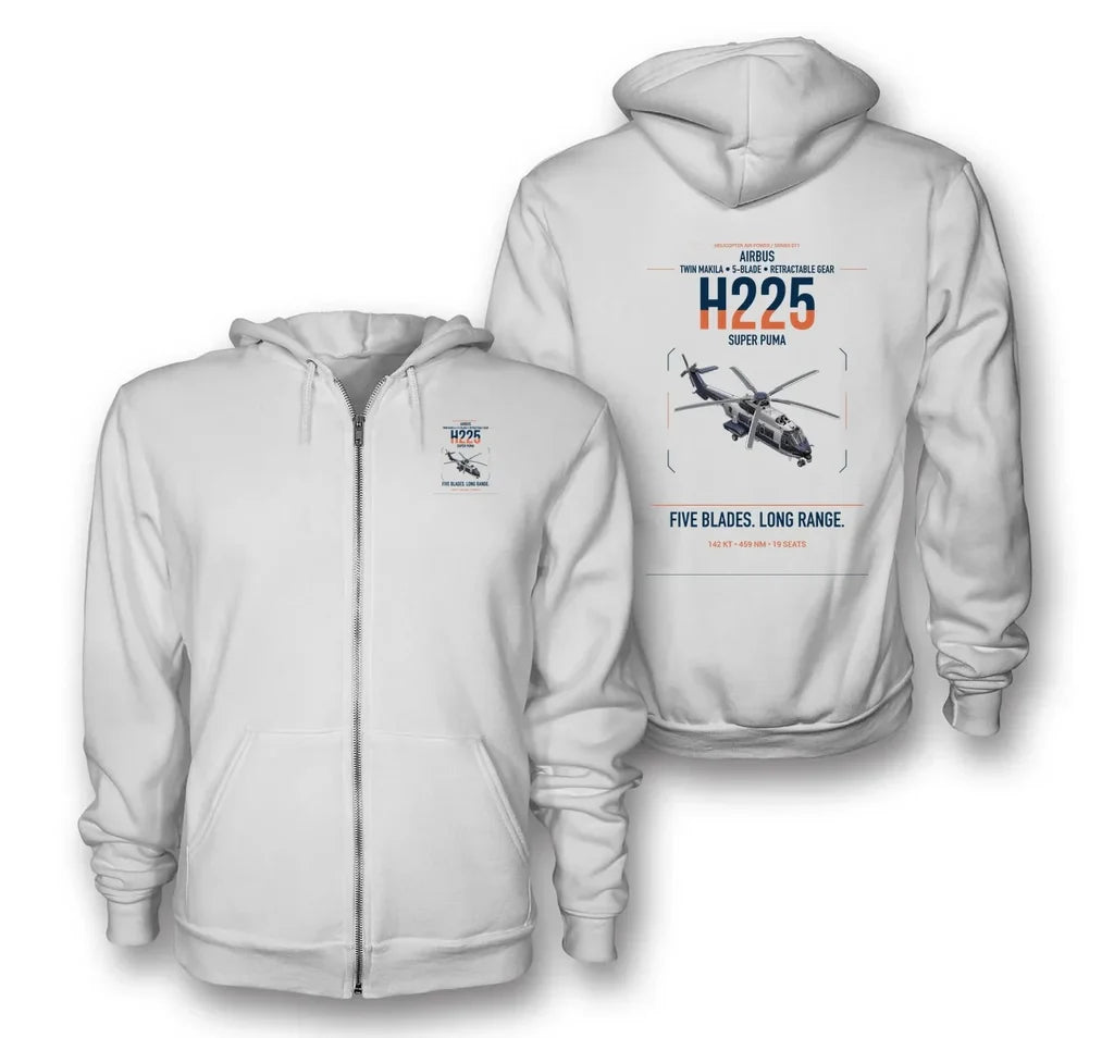 Airbus H225 design on white premium zipped hoodie, double-side print