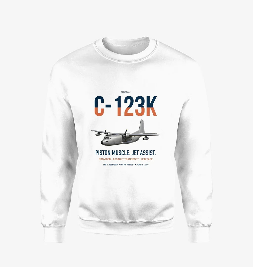 C-123K Provider design on white sweatshirt