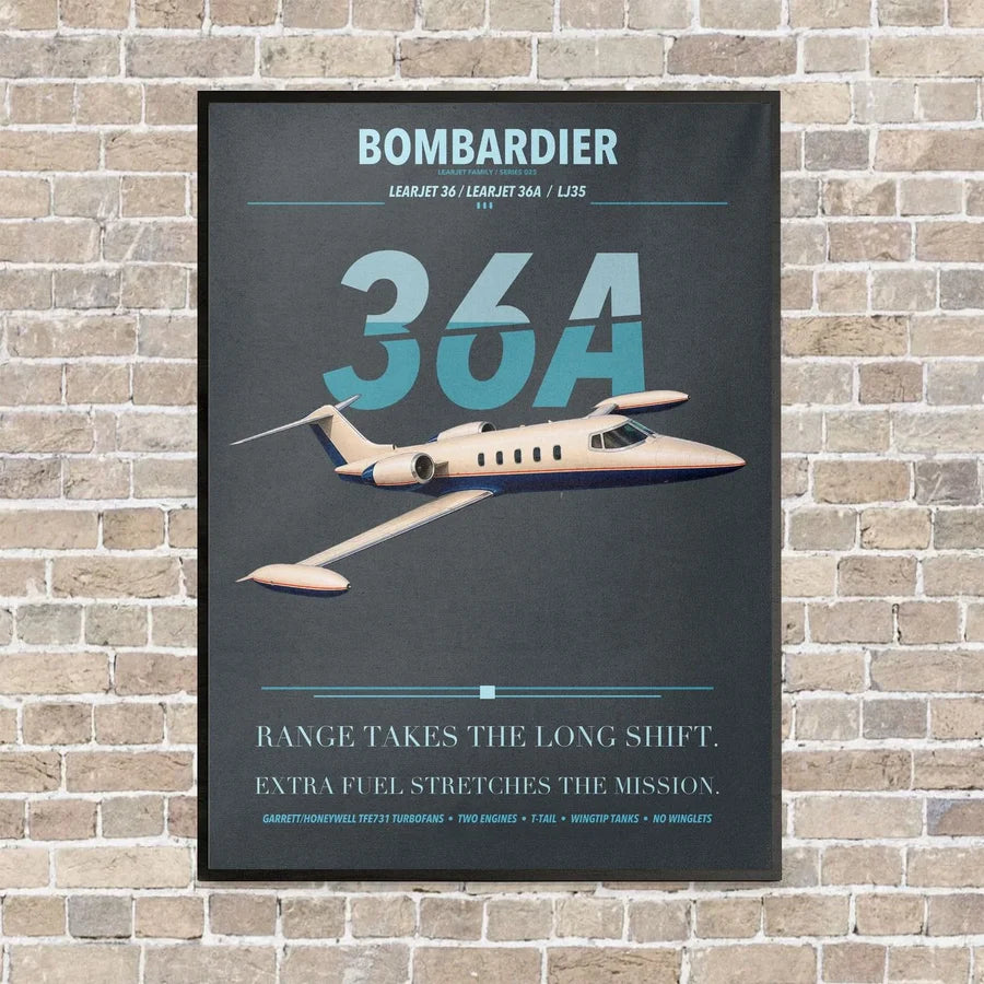 Bombardier Learjet 36A vertical canvas print - framed - gray background